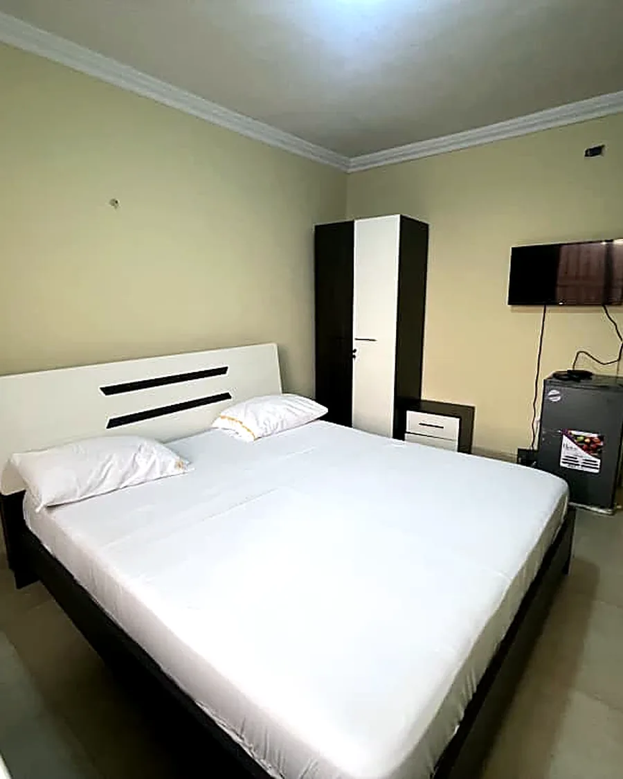 Chambre double avec tête de lit, armoire, télévision et réfrigérateur